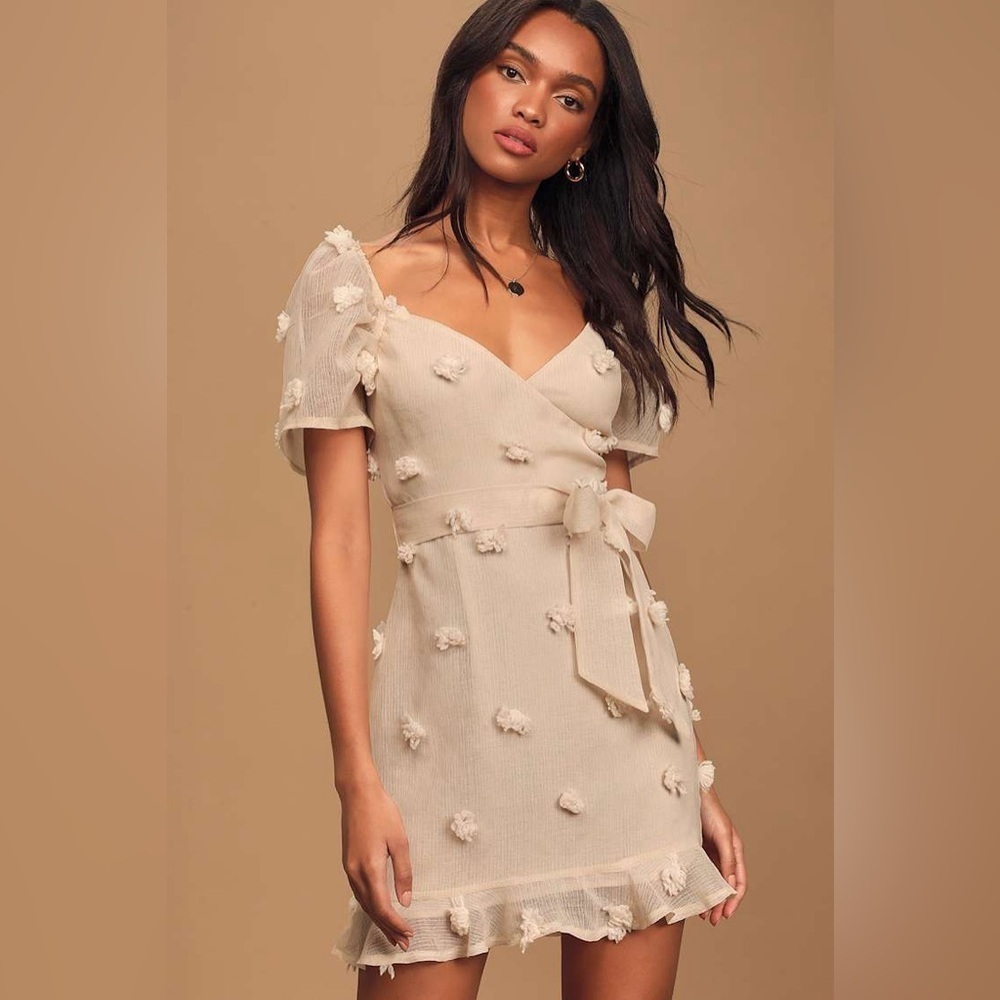 NWT Charming Appeal Beige Pom Pom Puff Sleeve Mini Dress Small